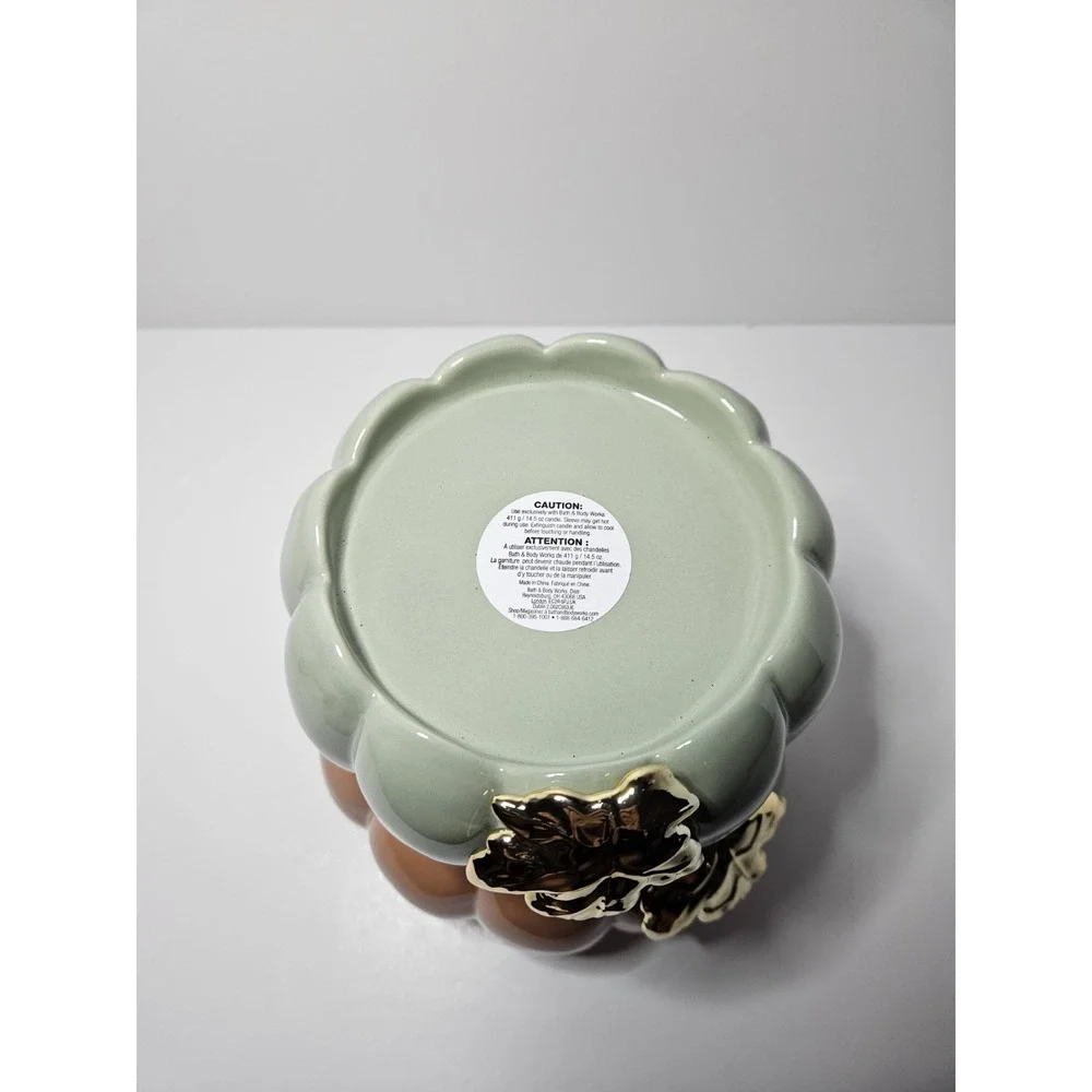 Bath Body Works Stacked Pumpkin 3 Wick Candle Holder Ceramic Gold Leaf Fall 8in
